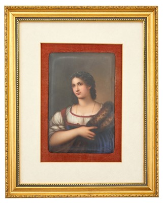 Lot 240 - Framed Continental Painted Porcelain Plaque of a Woman with Ivy Hair Garland and Cloak