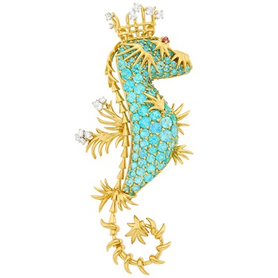 Lot 243 - Tiffany & Co., Schlumberger Gold, Platinum, Paraíba Tourmaline and Diamond 'Seahorse' Clip-Brooch, France