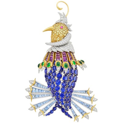Lot 247 - Tiffany & Co., Schlumberger Gold, Platinum, Gem-Set and Diamond 'Oiseau de Paradis' Clip-Brooch