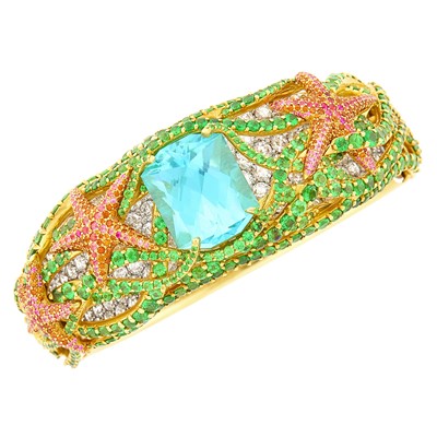 Lot Tiffany & Co. Gold, Platinum, Blue-Green Tourmaline, Gem-Set and Diamond 'Sea Life' Cuff Bangle Bracelet