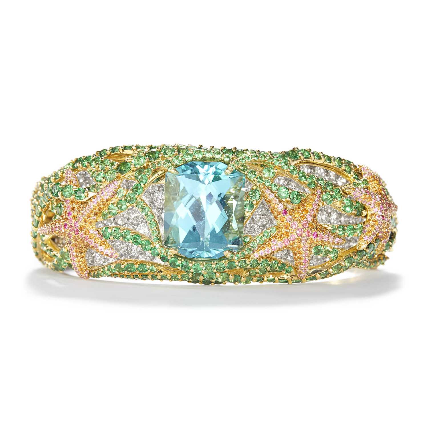 Lot 244 - Tiffany & Co. Gold, Platinum, Blue-Green Tourmaline, Gem-Set and Diamond 'Sea Life' Cuff Bangle Bracelet