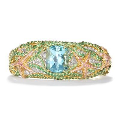 Lot 214 - Tiffany & Co. Gold, Platinum, Blue-Green Tourmaline, Gem-Set and Diamond 'Sea Life' Cuff Bangle Bracelet