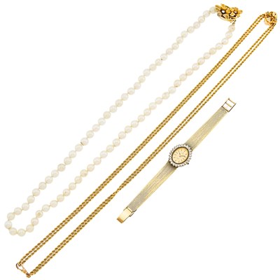 Lot 1265 - Gold and Diamond Wristwatch, Gold-Filled Fob Chain with Gold Slide and Cultured Pearl Necklace with Gold and Diamond Clasp