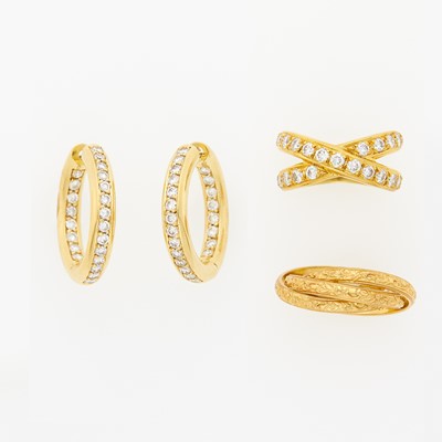 Lot 1061 - Pair of Gold and Diamond Hoop Earrings, Diamond Ring and 'Rolling' Band Ring