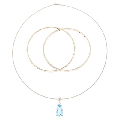 Lot 1117 - White Gold, Aquamarine and Diamond Necklace and Bangle Bracelet