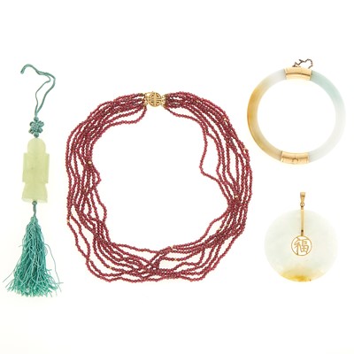Lot 1276 - Gold and Ruby Bead Necklace and Group of Gold and Jade Jewelry