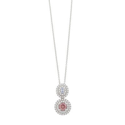 Lot 96 - White Gold, Fancy Intense Pink and Fancy Blue Diamond and Diamond Pendant with Chain Necklace
