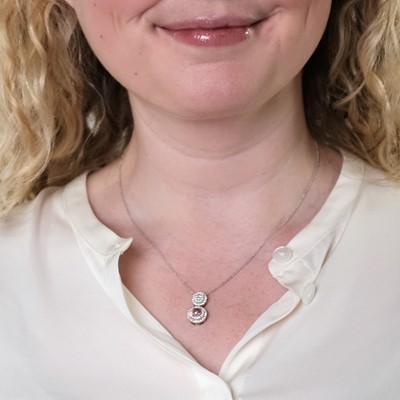 Lot 56 - White Gold, Fancy Intense Pink and Fancy Blue Diamond and Diamond Pendant with Chain Necklace