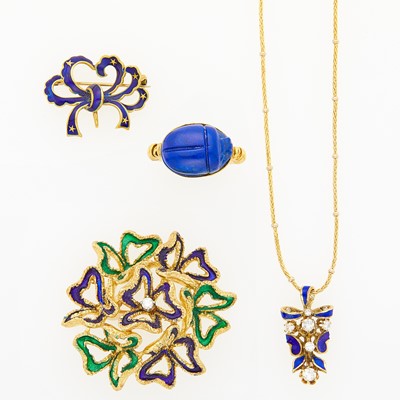 Lot 1153 - Gold, Diamond and Enamel Pendant with Chain Necklace, Two Brooches and Carved Lapis Scarab Ring