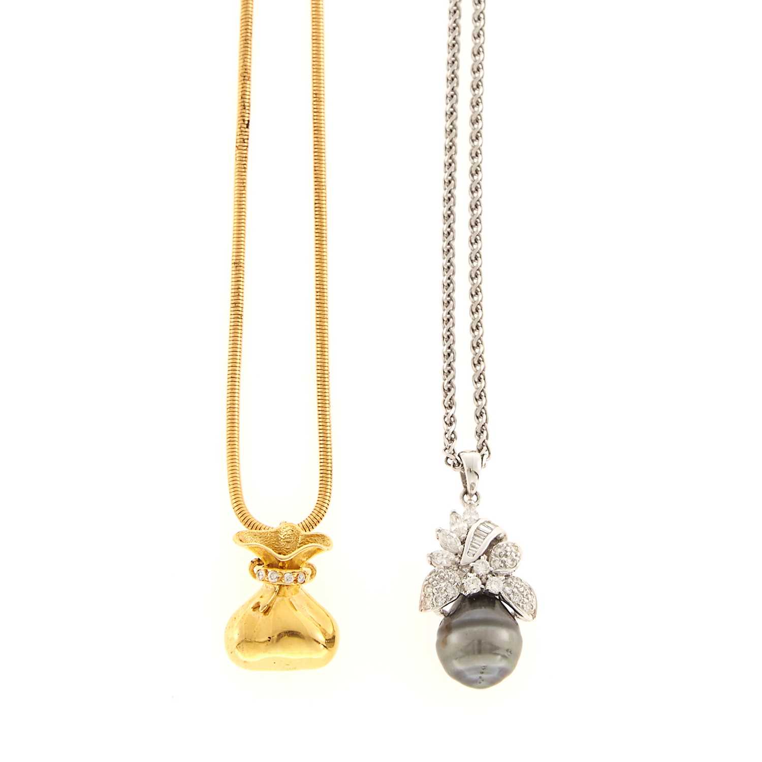 Lot 1074 - White Gold, Gray Baroque Cultured Pearl and Diamond Pendant with Chain Necklace and Gold and Diamond Pendant with Snake Chain Necklace