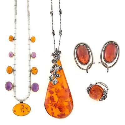 Lot 1277 - Group of Silver, Amber and Cabochon Amethyst Jewelry