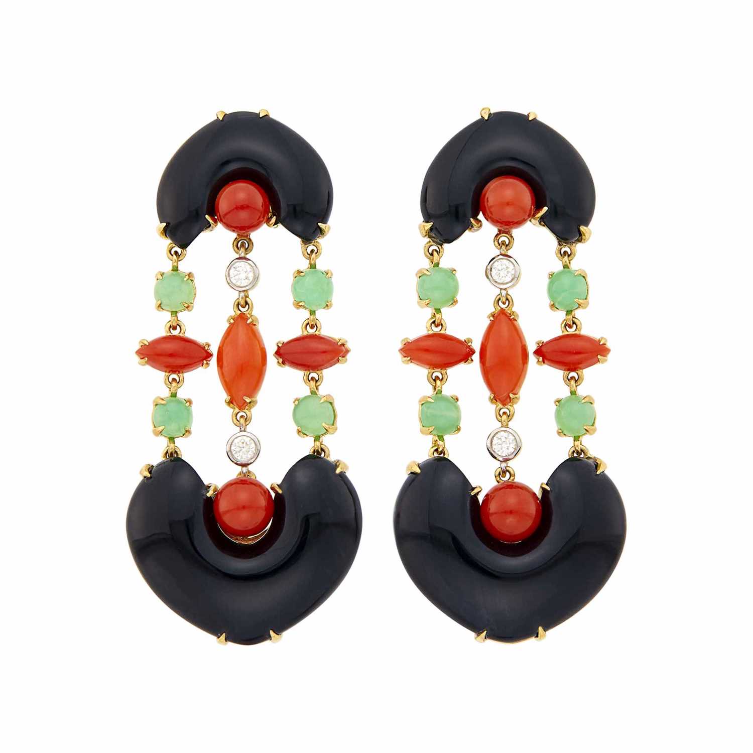 Lot 32 - Pair of Gold, Black Onyx, Jade, Coral and Diamond Pendant-Earclips