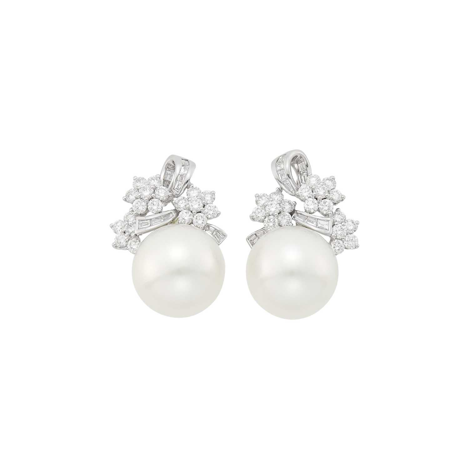 Lot 97 - Pair of White Gold, South Sea Cultured Pearl and Diamond Earrings