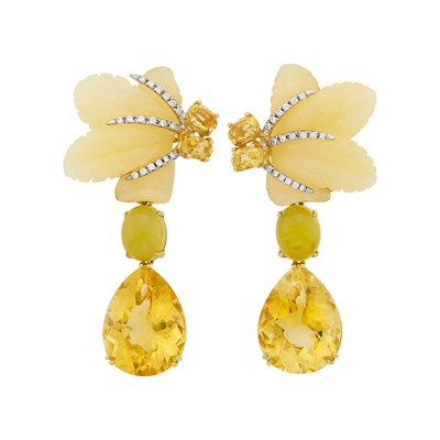 Lot 39 - Pair of Gold, Yellow Jade, Citrine and Diamond Pendant-Earclips