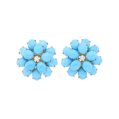 Lot 22 - Pair of Gold, Turquoise and Diamond Flower Earclips