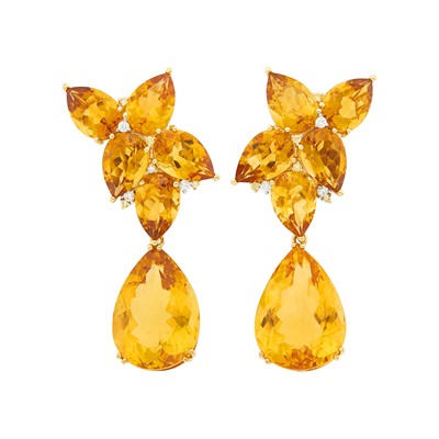 Lot 100 - Pair of Gold, Citrine and Diamond Pendant-Earclips