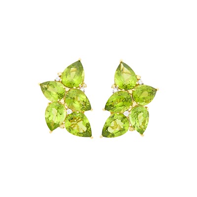 Lot 106 - Pair of Gold, Peridot and Diamond Cluster Earrings