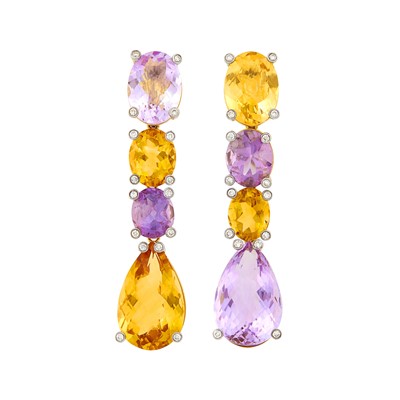 Lot 81 - Pair of Gold, Amethyst, Citrine and Diamond Pendant-Earclips
