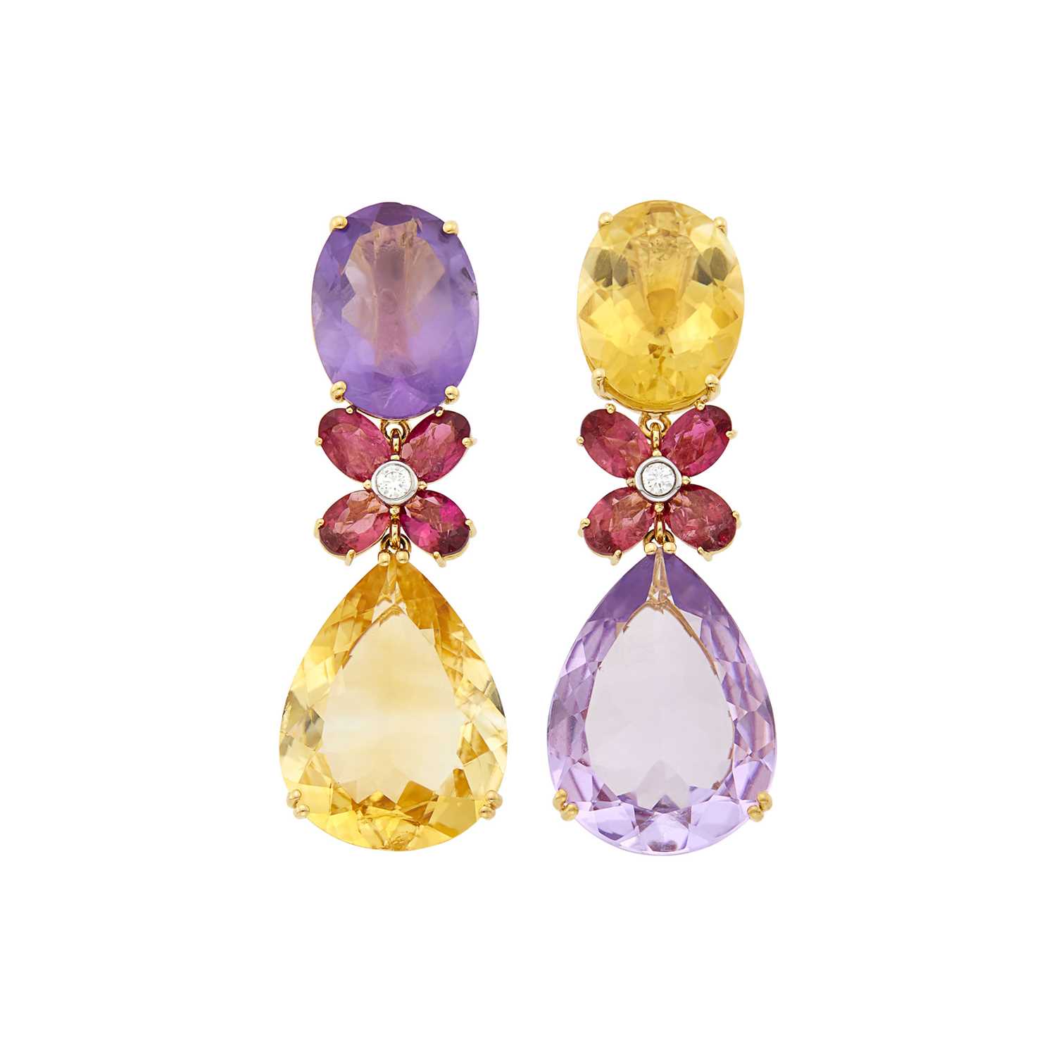 Lot 1115 - Pair of Gold, Amethyst, Citrine, Tourmaline and Diamond Pendant-Earrings