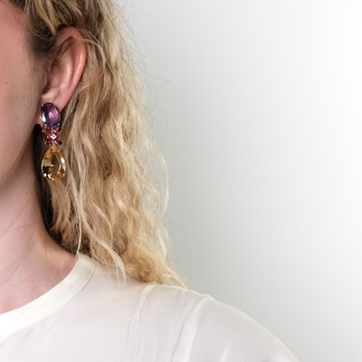 Lot 1115 - Pair of Gold, Amethyst, Citrine, Tourmaline and Diamond Pendant-Earrings
