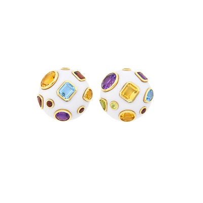 Lot 19 - Pair of Gold, White Agate and Colored Stone Earrings
