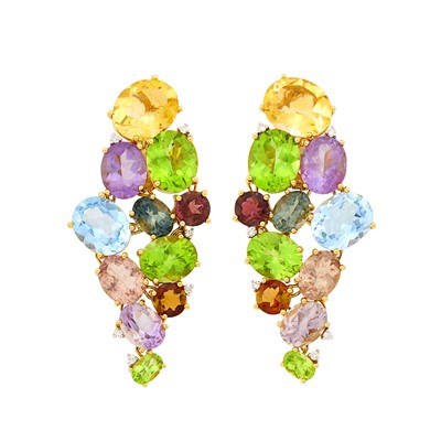 Lot 50 - Pair of Gold and Colored Stone Cluster Pendant-Earclips