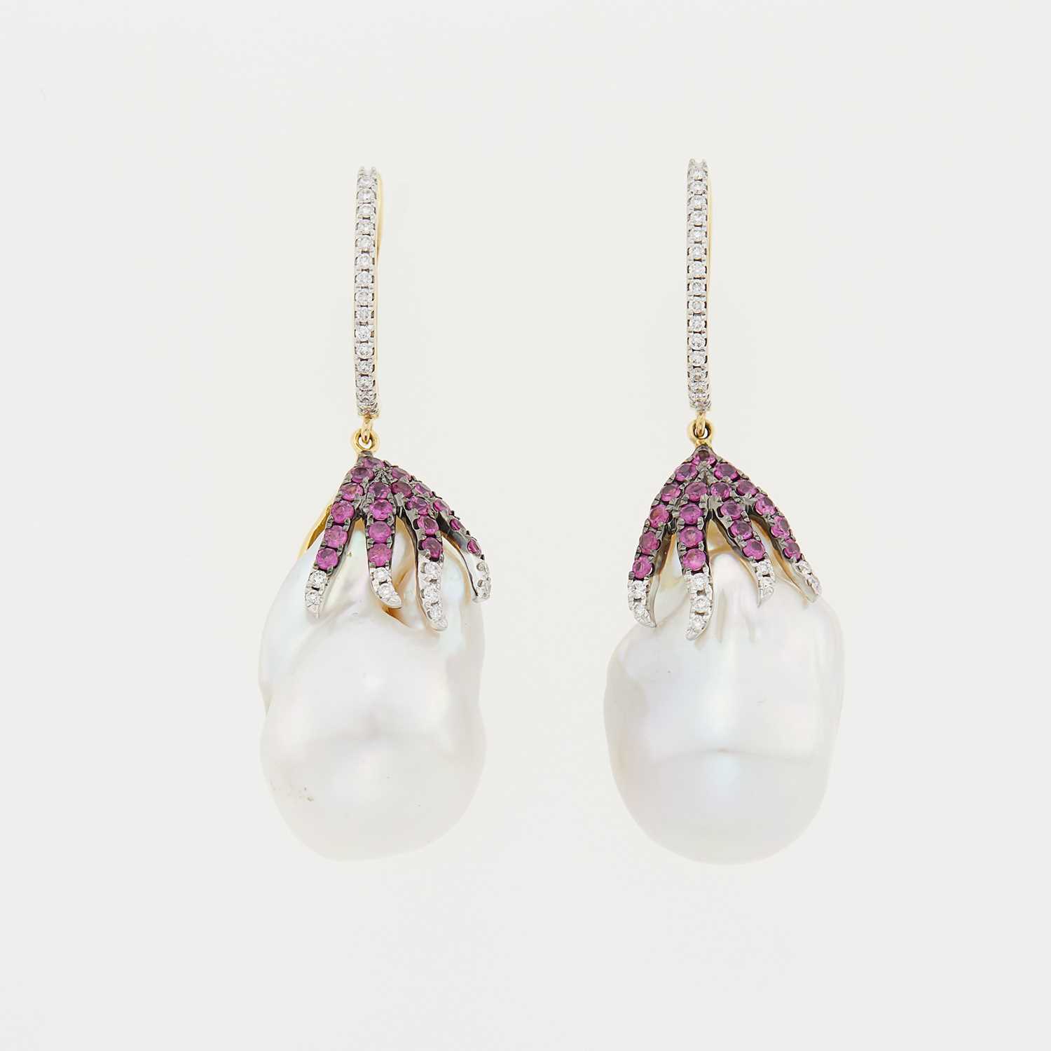 Lot 1030 - Pair of Gold, Baroque Freshwater Pearl, Ruby and Diamond Pendant-Earrings