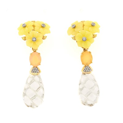 Lot 1058 - Pair of Gold, Carved Rock Crystal, Opal, Yellow Chalcedony, Yellow Sapphire and Diamond Pendant-Earclips