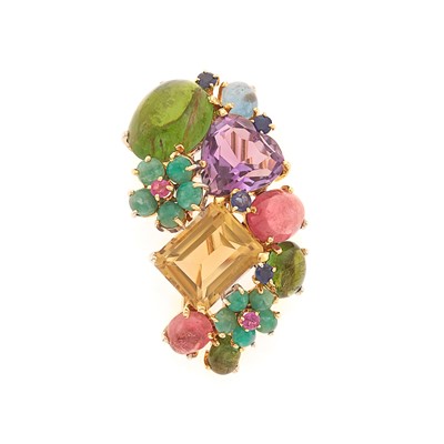 Lot 1028 - Gold and Colored Stone Cluster Clip-Brooch