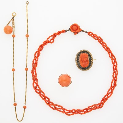 Lot 1192 - Gold, Silver-Gilt and Coral Ring, Necklace, Brooch and Braided Bead Necklace