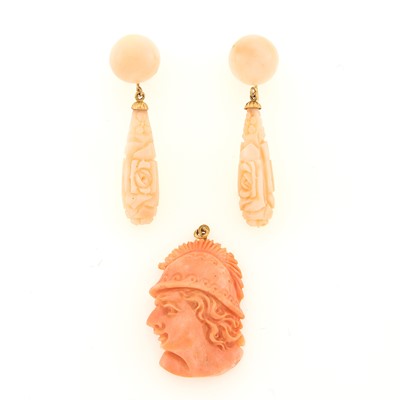 Lot 1193 - Pair of Gold and Carved Angel Skin Coral Pendant-Earclips and Pendant
