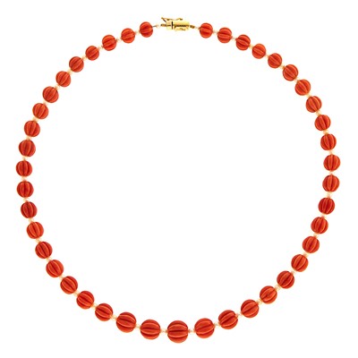 Lot 1243 - Fluted Coral Bead and Pearl Necklace with Gold Clasp