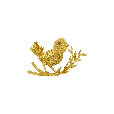 Lot 9 - Boucheron Paris Gold and Ruby Bird on a Branch Brooch