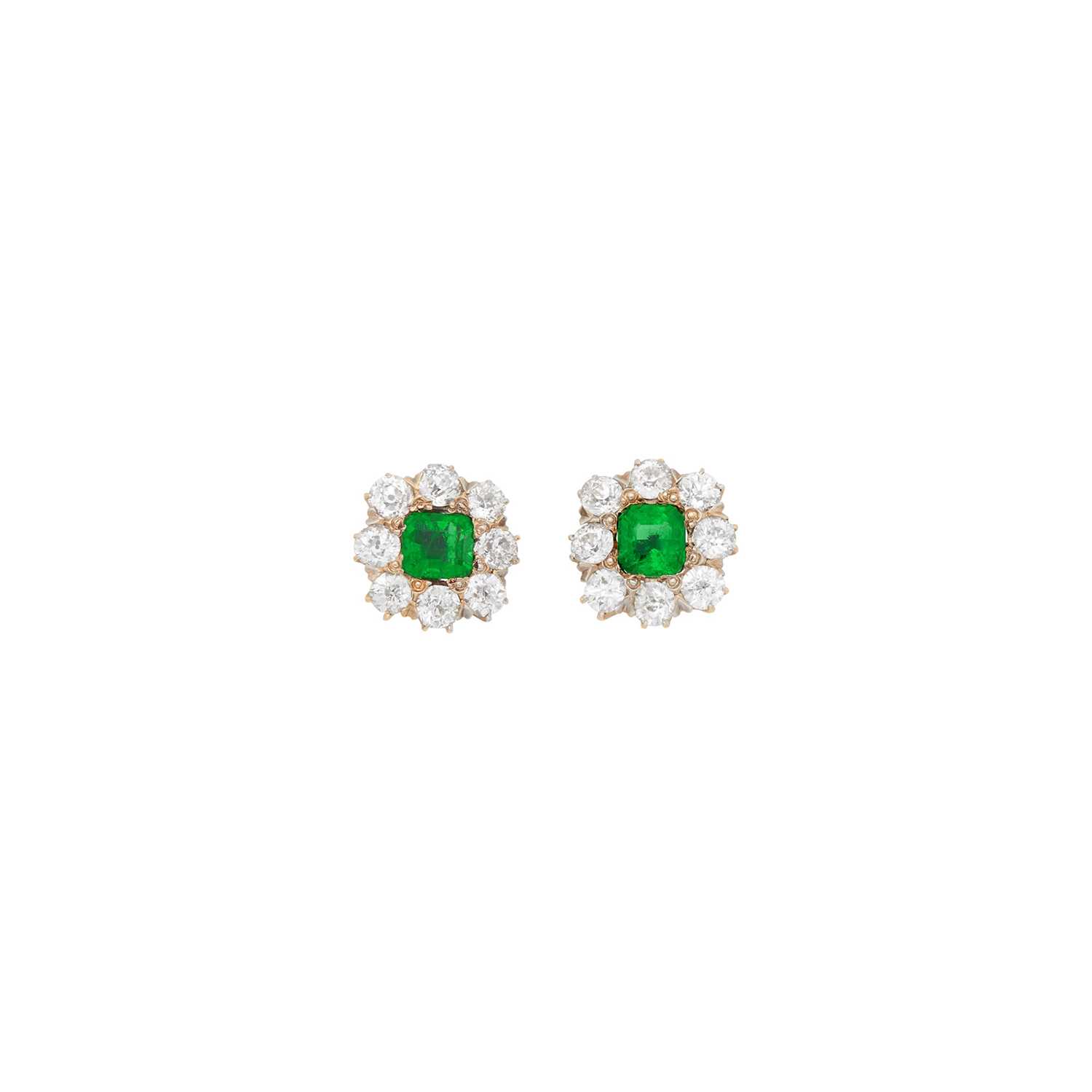 Lot 109 - Pair of Antique Gold, Emerald and Diamond Earrings