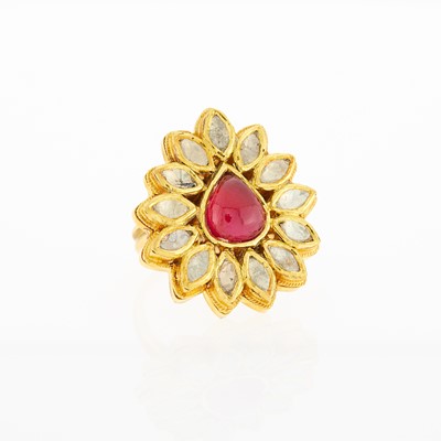 Lot 1147 - Indian Gold, Foil-Backed Diamond and Red Paste RIng