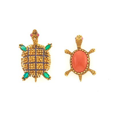 Lot 1046 - Two Gold, Coral, Enamel and Synthetic Stone Turtle Pins
