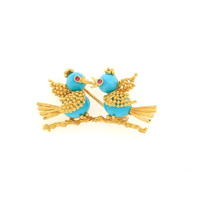 Lot 1250 - Gold, Turquoise and Synthetic Ruby Love Bird Pin