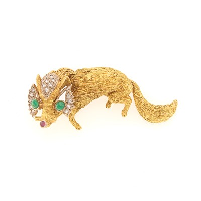 Lot 1038 - Two-Color Gold, Diamond, Cabochon Emerald and Ruby Fox Brooch