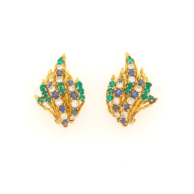 Lot 1037 - Pair of Gold, Diamond, Emerald and Sapphire Earclips