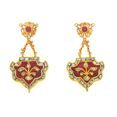 Lot 1271 - Pair of Indian Gold, Foil-Backed Diamond, Ruby and Red Paste Pendant-Earrings