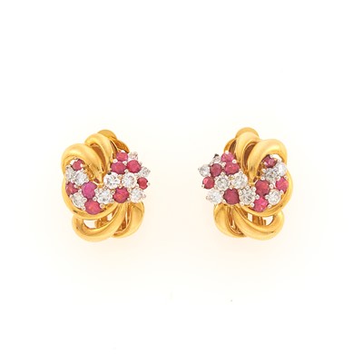 Lot 1010 - Pair of Gold, Diamond and Ruby Cluster Earclips