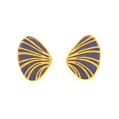 Lot 1027 - Ilias Lalaounis Pair of High Karat Gold and Sodalite Earclips