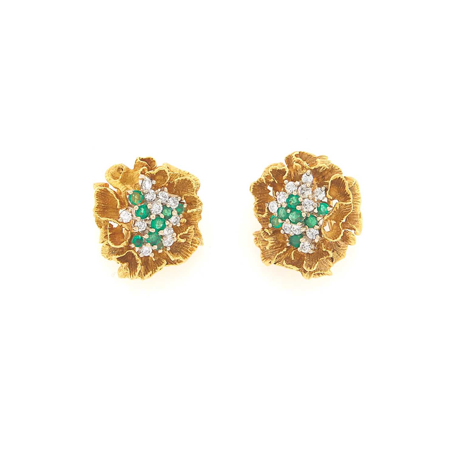 Lot 1007 - Pair of Two-Color Gold, Diamond and Emerald Earclips