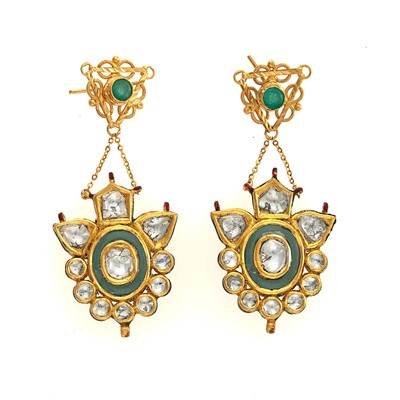 Lot 1149 - Pair of Indian Gold, Foil-Backed Diamond, Emerald, Green Glass and Jaipur Enamel Pendant-Earrings