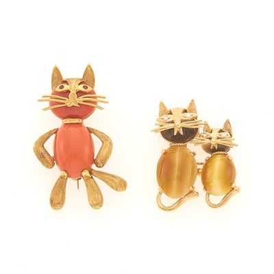 Lot 1251 - Two Gold, Coral, Tiger's Eye and Diamond Cat Pins