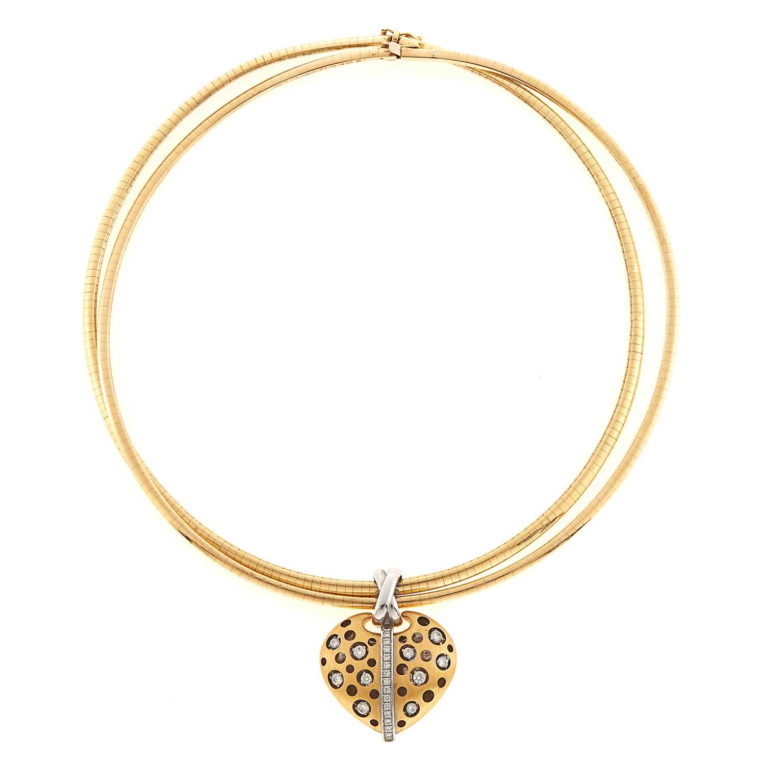 Lot 1002 - Pair of Gold Necklaces with Two-Color Gold and Diamond Heart Pendant