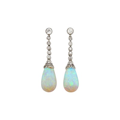 Lot 106 - Pair of Platinum, Diamond and Opal Pendant-Earrings