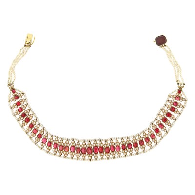 Lot 90 - Antique Indian Gold, Seed Pearl, Red Spinel and Garnet Choker Necklace