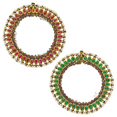 Lot 89 - Pair of Indian Gold, Seed Pearl, Foil-Backed Emerald, Ruby, Diamond and Enamel Bracelets