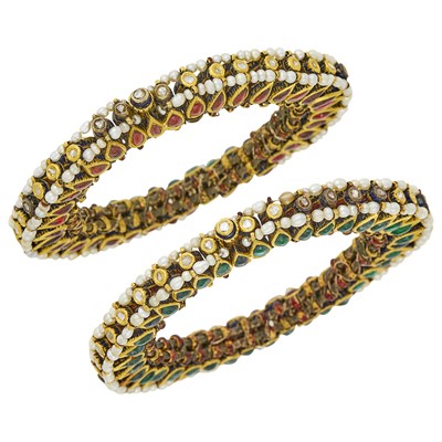 Lot 89 - Pair of Indian Gold, Seed Pearl, Foil-Backed Emerald, Ruby, Diamond and Enamel Bracelets